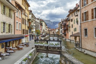Historic houses along the Thiou river in Annecy old town, France, Europe