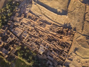 Aerial top view on Kasbah Ait Ben Haddou in the Atlas Mountains, Morocco, Africa