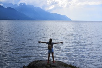 Geneve Lake Leman Geneva backpack tourist girl Switzerland Swiss
