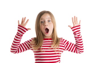 Blond kid girl open mounth and hands happy expression gesture on white