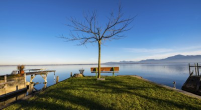 A bench on the shore of Lake Chiemsee with a sign