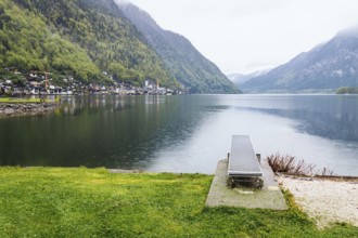 Springboard in the Lake of Hallstatt a foggy day