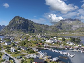 Aerial view, village scene in rugged landscape, Sorvagen, Lofoten, Norway, Europe