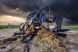Fully destroyed burnt down tractor on a field