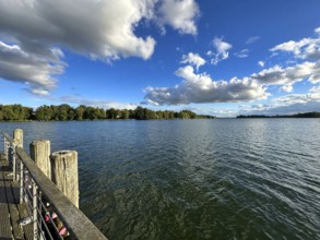 View over the Scharmützelsee with a jetty in the foreground, Bad Saarow, Brandenburg, Germany,