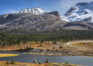 The magnificent Rocky Mountains in Canada. Lake from the melting of huge glaciers. Beautiful deer