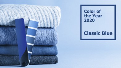Stack of sweaters and color fun palette in classic blue 2020 color. Color of year 2020 concept for