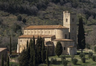 Sant' Antimo, Abbazia, Benedictine abbey, distant view from the south-east