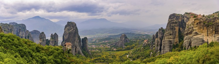 Panorama of the landscape of monastery and rock formation in Meteora, Greece, Europe