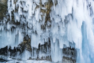 View of icicles in ice cave at Frozen Baikal Russia, during winter