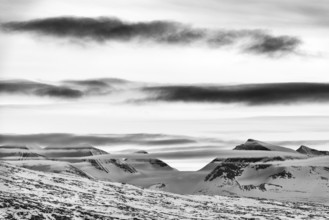 View of peaks in Sarek National Park, Laponia World Heritage Site, Norrbotten, Lapland, Sweden, May