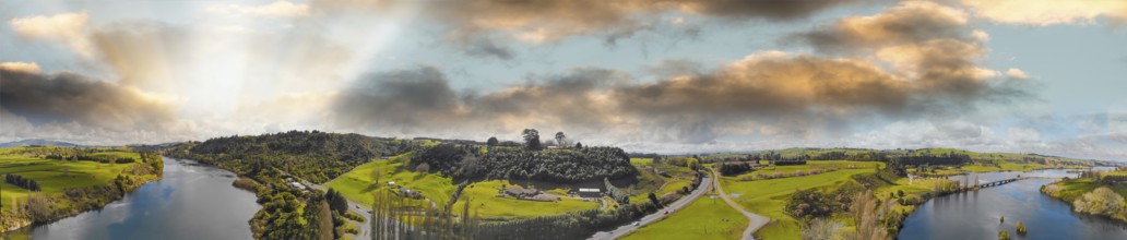 New Zealand river and landscape, panoramic aerial view