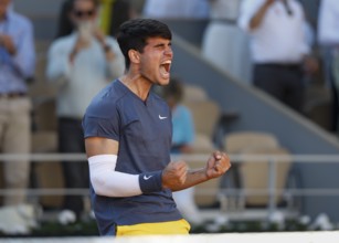 Spanish tennis player Carlos Alcaraz celebrating at the French Open, Roland Garros, Paris, France.