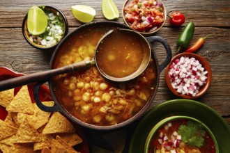 Pozole with mote big corn stew from Mexico with ingredients and appetizer