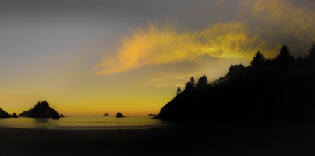 The Beach at Sunset, A panoramic color image of the beach at sunset. Taken near Trinidad,