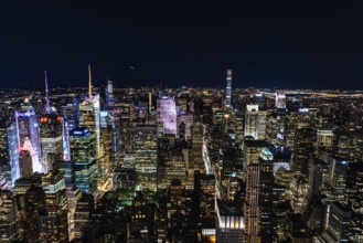 New York City, USA, June 25, 2018: High angle view of the skyline of Manhattan at night. Business,