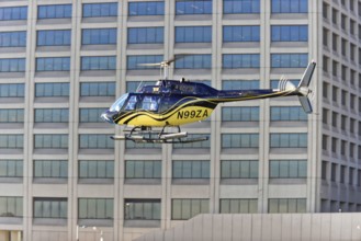 Manhattan, Brooklyn, New York City, New York, USA, North America, Helicopter flies close to modern