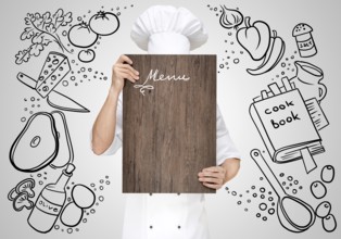 Restaurant Chef on a sketchy background hidden behind a wooden chopping board for a business lunch