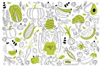 Vegan food doodle set. Collection of hand drawn sketches templates of people vegans dieting eating