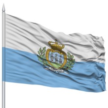 San Marino Flag on Flagpole, Flying in the Wind, Isolated on White Background