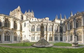 Burgos, Spain, 14 April, 2024: panorama view of the cloister of the historic Burgos Cathedral,