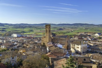 View of Artajona city with san Pedro church from fortress, Spain, Europe