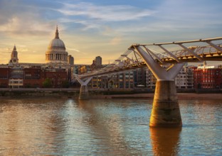 London St Paul Pauls cathedral sunset from Millennium bridge on Thames UK