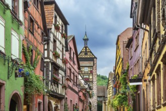 Main street with historical houses in Riquewihr, Alsace, France, Europe