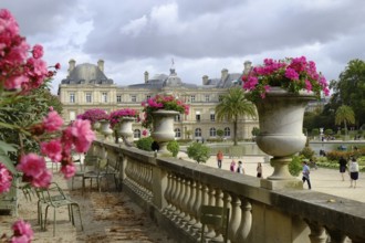 In the Jardin du Luxembourg: Raised terrace with stone balustrade and planted amphorae, well-tended