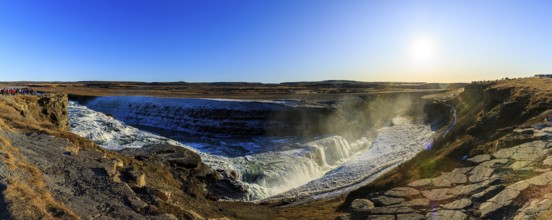 Gullfoss waterfall with ice, panorama, river Hvítá, Haukadalur, Golden Circle, South Iceland