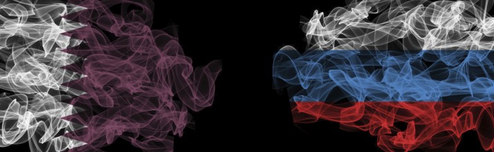 Flags of Qatar and Russia on Black background, Qatar vs Russia Smoke Flags