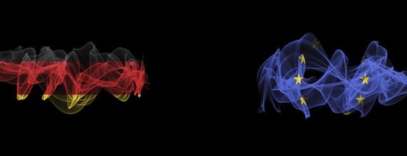 Flags of Germany and the EU on a black background, Germany vs Europe Union Smoke Flags