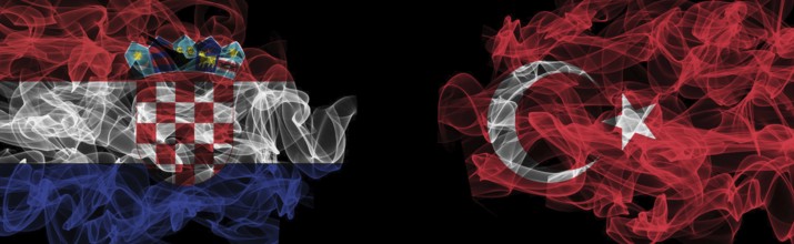 Flags of Croatia and Turkey on Black background, Croatia vs Turkey Smoke Flags