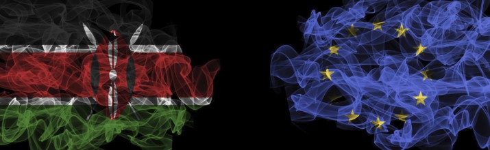 Flags of Kenya and EU on Black background, Kenya vs Europe Union Smoke Flags