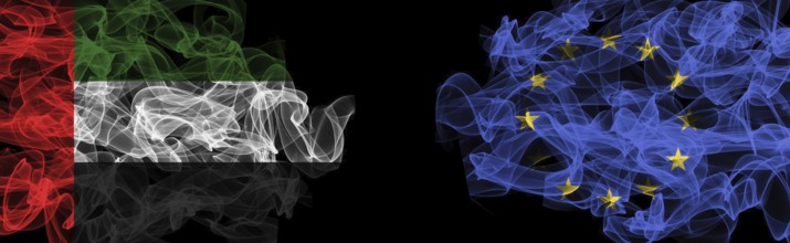 Flags of UAE and EU on Black background, UAE vs Europe Union Smoke Flags