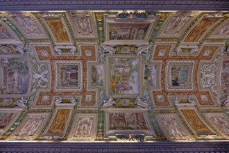 Ornate ceiling featuring detailed frescoes with classical art elements, Galleria delle Carte
