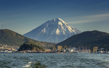 View of the city Petropavlovsk-Kamchatsky, Avacha Bay and Koryaksky volcano, Russian Far East,