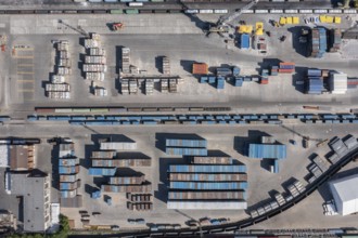 Aerial top view of cargo container terminal with railway, business transportation logistic in trade