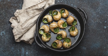 Escargots de Bourgogne Cooked Snails with Garlic Butter and Parsley in black cast iron pan on