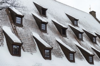 Snow falling on the roofs of the city. Snow-covered brown metal tiles roof of European house with