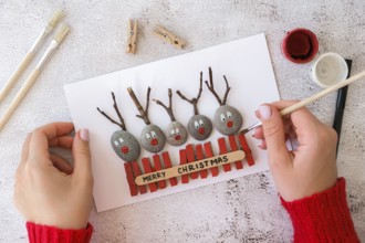 Step by step. Top view. Process kid children craft. Do it yourself Diy Merry Christmas deer on