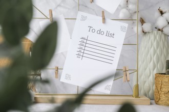TO DO list Cards and posters mock ups on grid board. Copy space. Home office desktop. Freelance