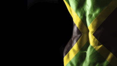 Jamaica flag on abs muscles national sport workout, bodybuilding concept, black background