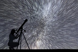 Girl looking at the stars with telescope. Starry night sky