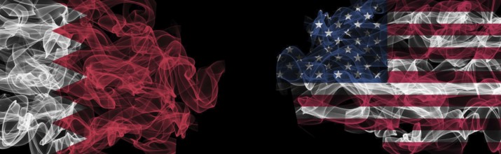 Flags of Bahrain and USA on Black background, Bahrain vs USA Smoke Flags