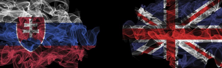 Flags of Slovakia and United Kingdom on Black background, Slovakia vs United Kingdom Smoke Flags