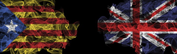 Flags of Catalonia and United Kingdom on Black background, Catalonia vs United Kingdom Smoke Flags