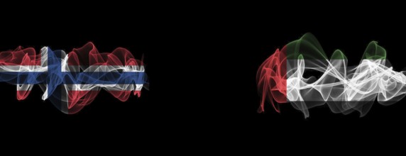 Flags of Norway and UAE on Black background, Norway vs United Arab Emirates Smoke Flags
