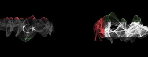 Flags of Libya and UAE on Black background, Libya vs United Arab Emirates Smoke Flags