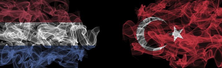 Flags of Netherlands and Turkey on Black background, Netherlands vs Turkey Smoke Flags